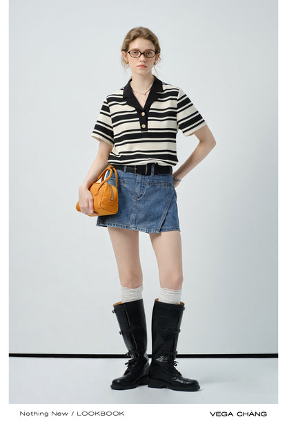Half-Button Open Collar Striped Shirt