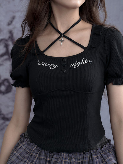 Puff-Sleeve Fitted Top With Starry Night Charm