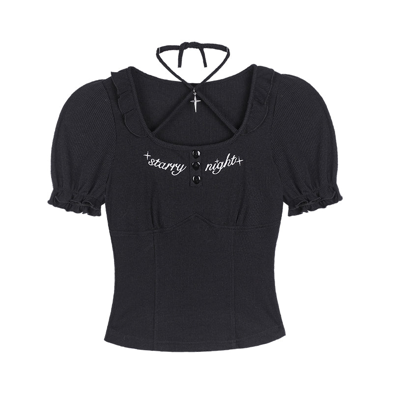 Puff-Sleeve Fitted Top With Starry Night Charm