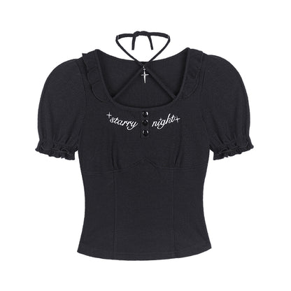 Puff-Sleeve Fitted Top With Starry Night Charm