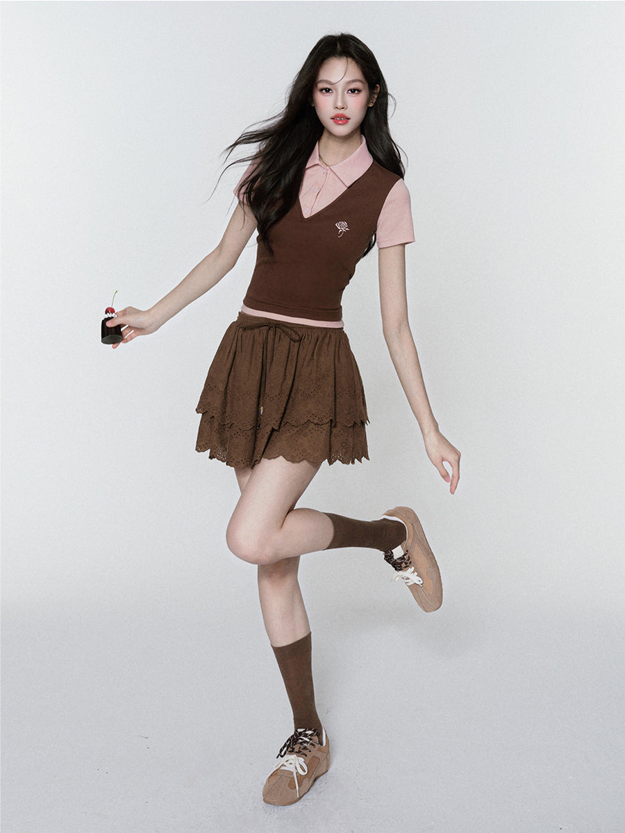 Rose-Embroidered Layered-Look Polo Shirt