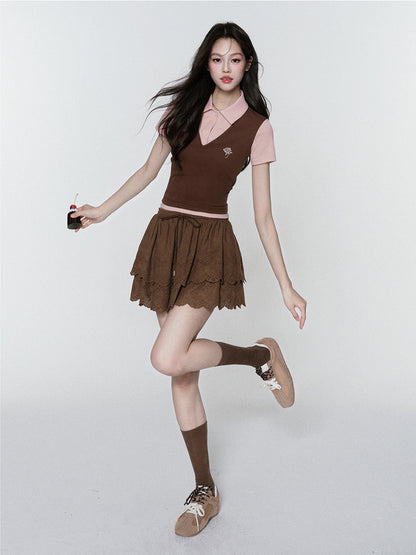 Rose-Embroidered Layered-Look Polo Shirt