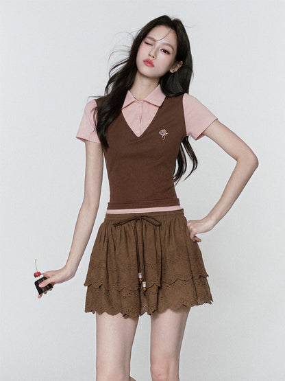 Rose-Embroidered Layered-Look Polo Shirt