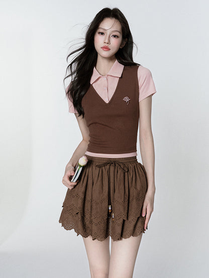 Rose-Embroidered Layered-Look Polo Shirt