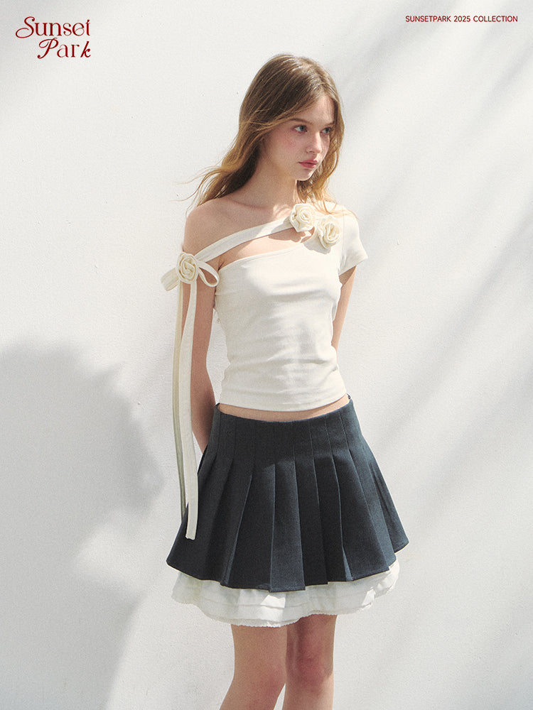 Asymmetric One Shoulder Rose Detail Top