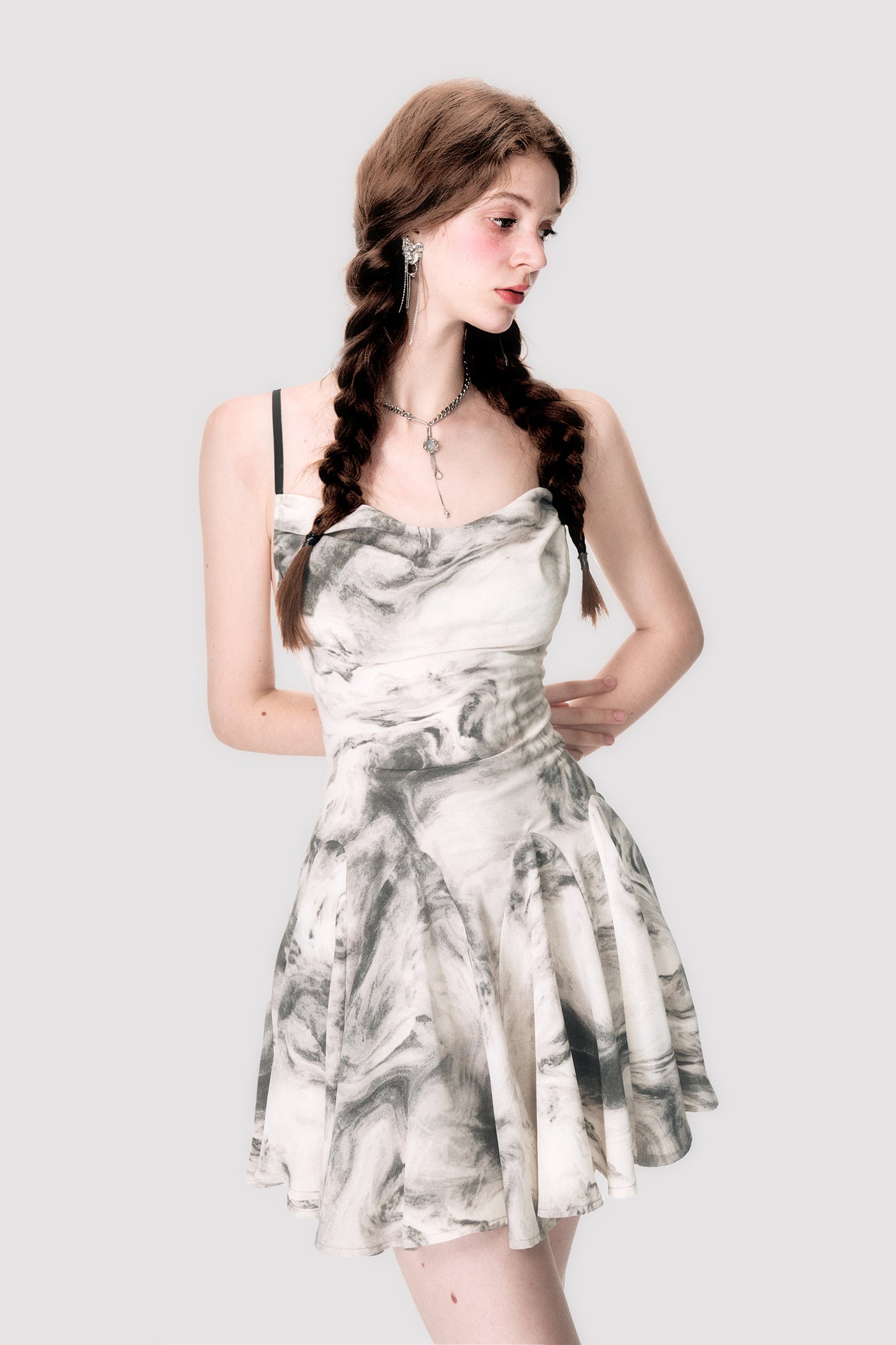 Marble Smudge Print Open-Back Cross-Strap Flare Dress