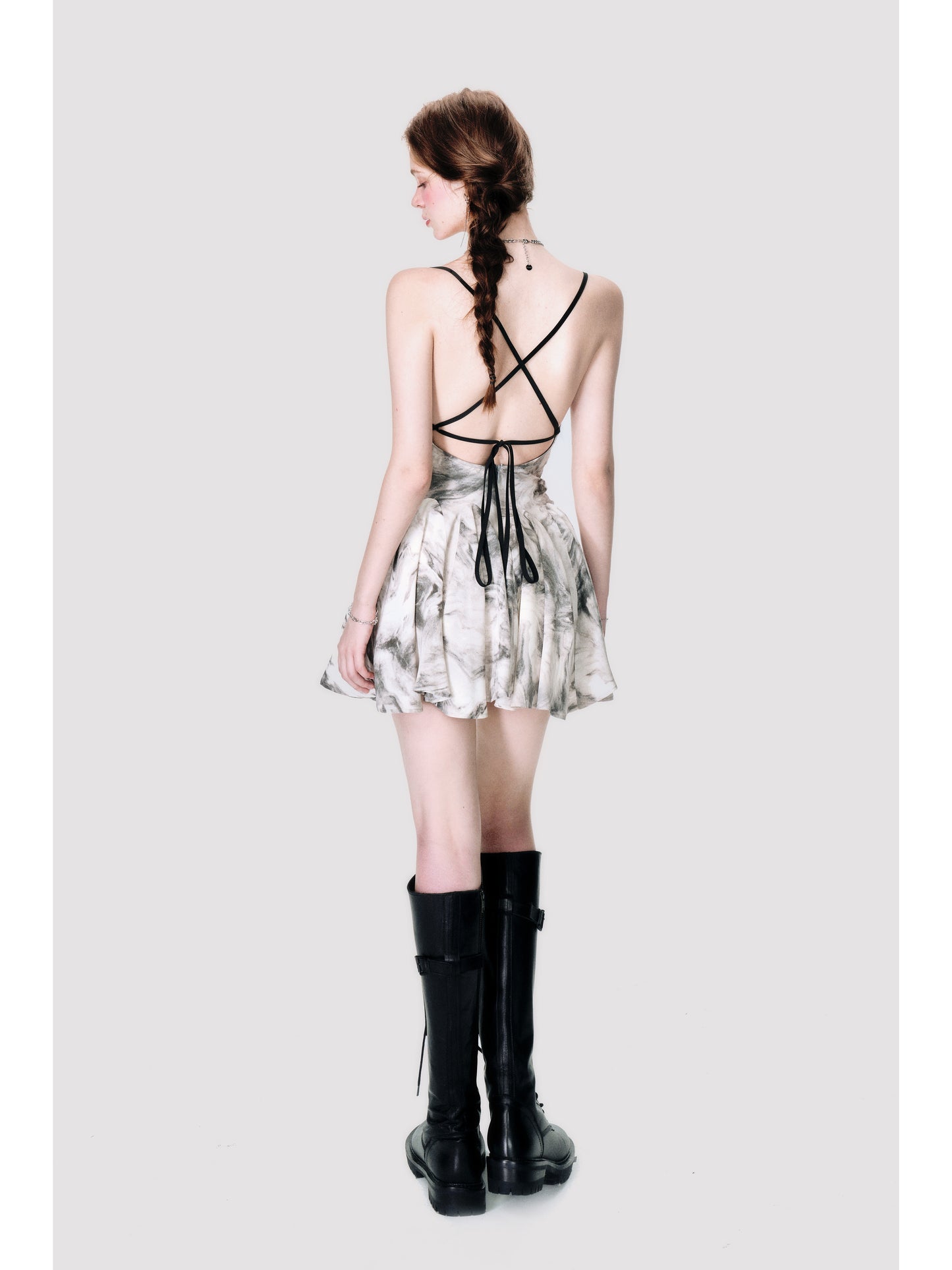 Marble Smudge Print Open-Back Cross-Strap Flare Dress