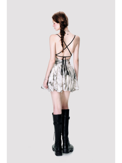 Marble Smudge Print Open-Back Cross-Strap Flare Dress