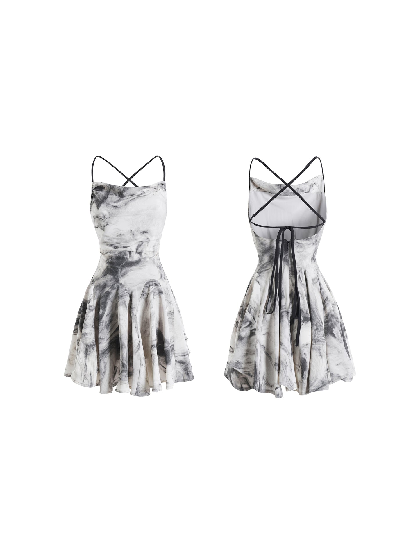 Marble Smudge Print Open-Back Cross-Strap Flare Dress