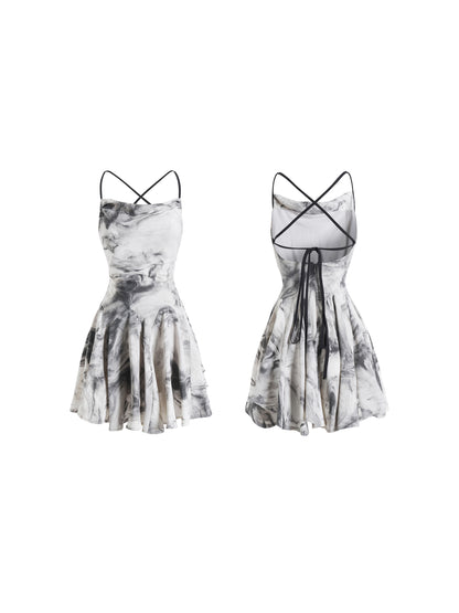 Marble Smudge Print Open-Back Cross-Strap Flare Dress