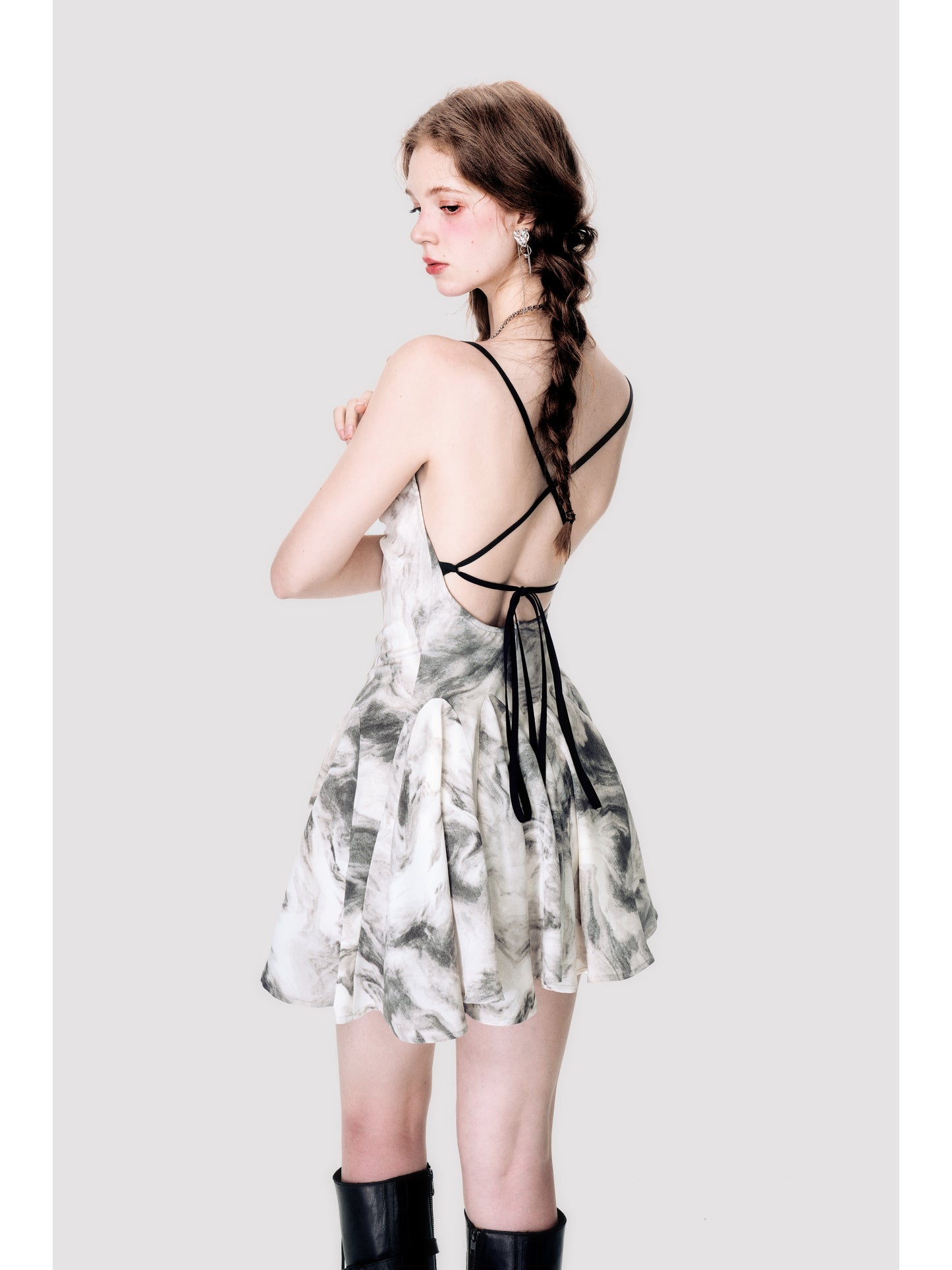 Marble Smudge Print Open-Back Cross-Strap Flare Dress