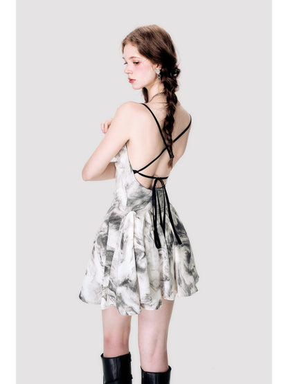 Marble Smudge Print Open-Back Cross-Strap Flare Dress
