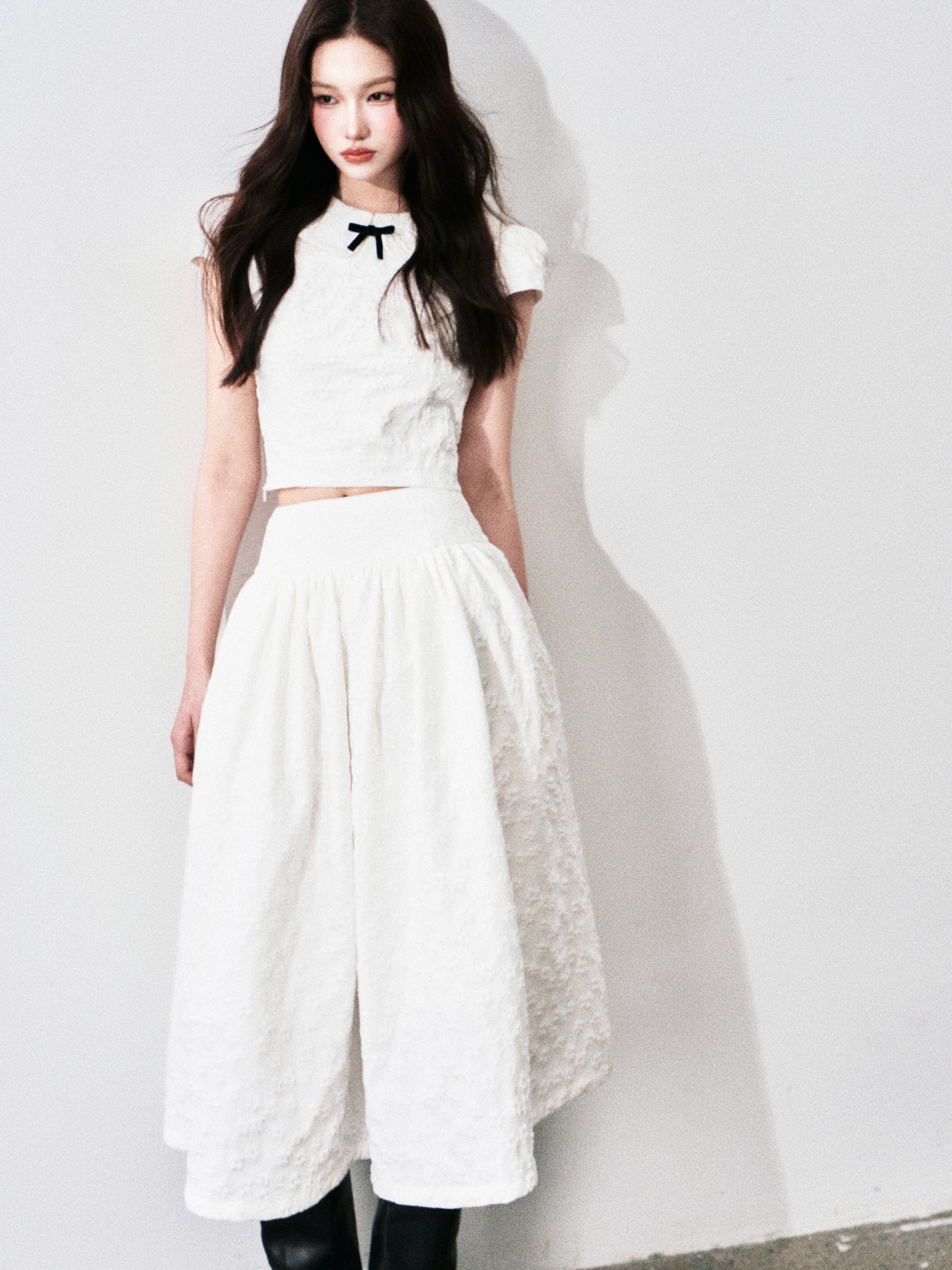 Floral Jacquard Cropped Blouse & Flared Skirt