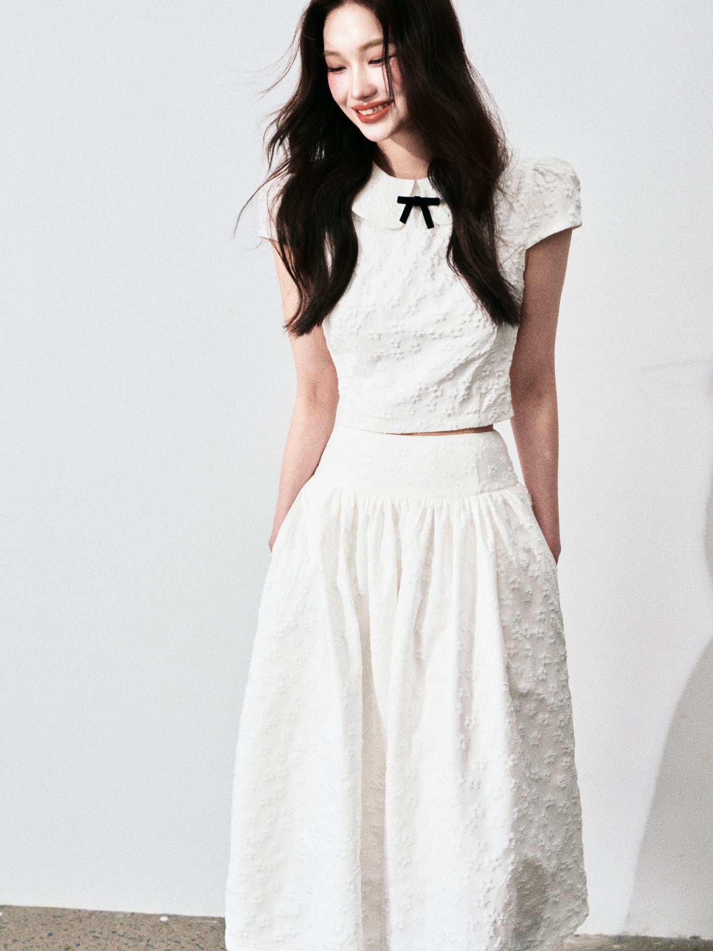 Floral Jacquard Cropped Blouse & Flared Skirt