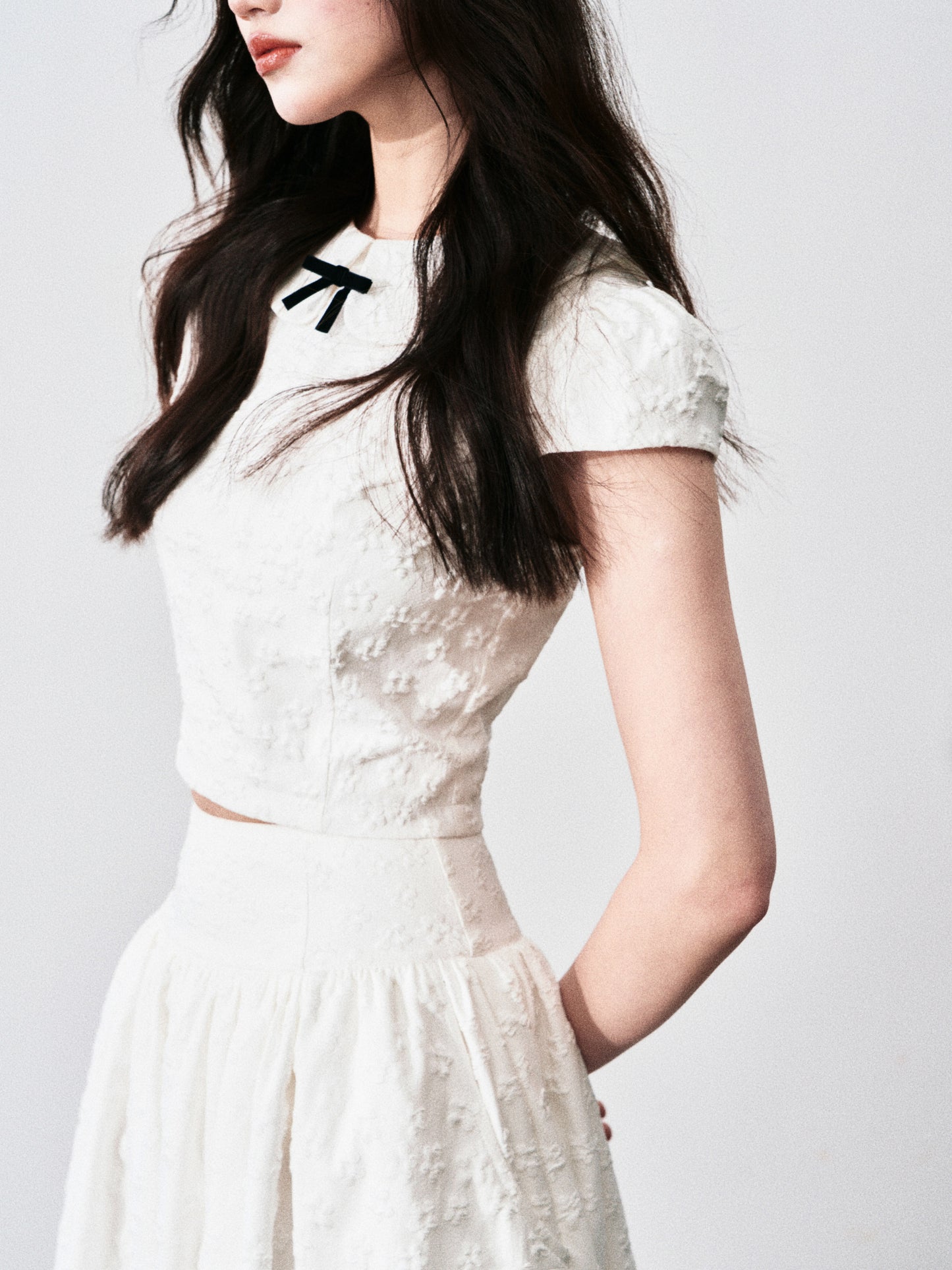 Floral Jacquard Cropped Blouse & Flared Skirt