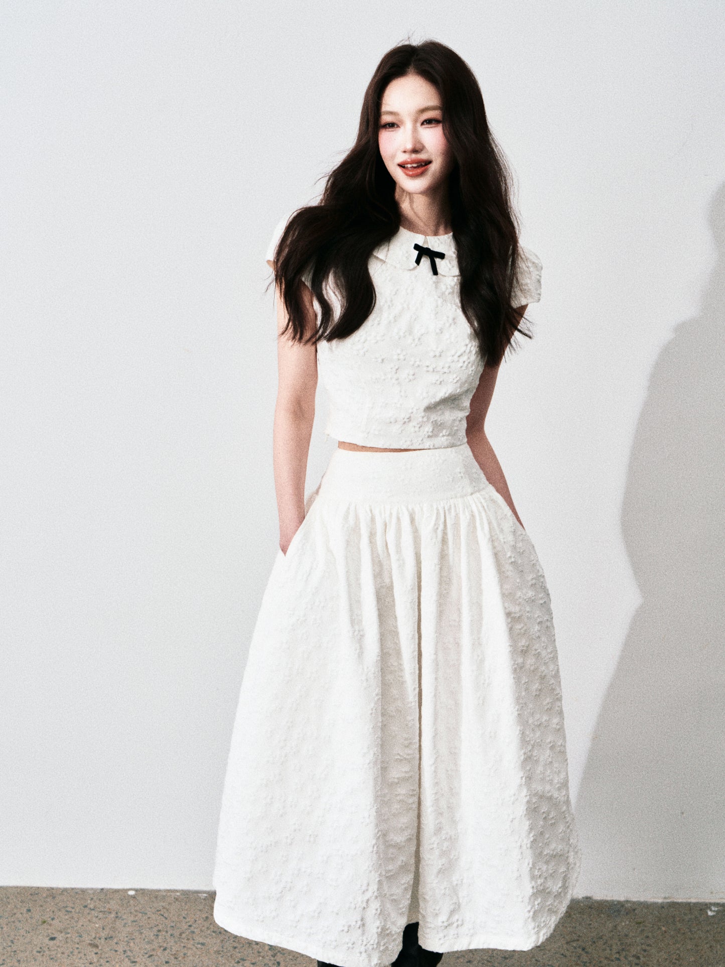 Floral Jacquard Cropped Blouse & Flared Skirt