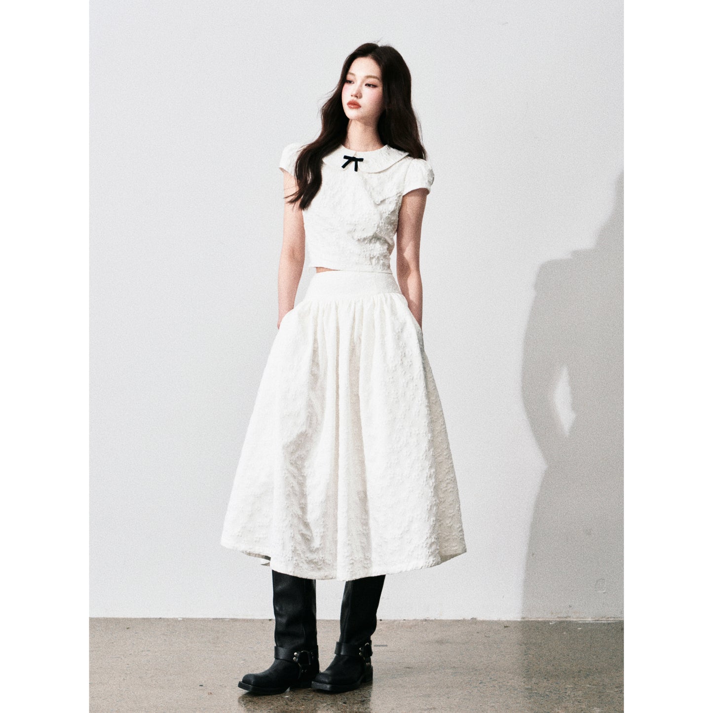 Floral Jacquard Cropped Blouse & Flared Skirt