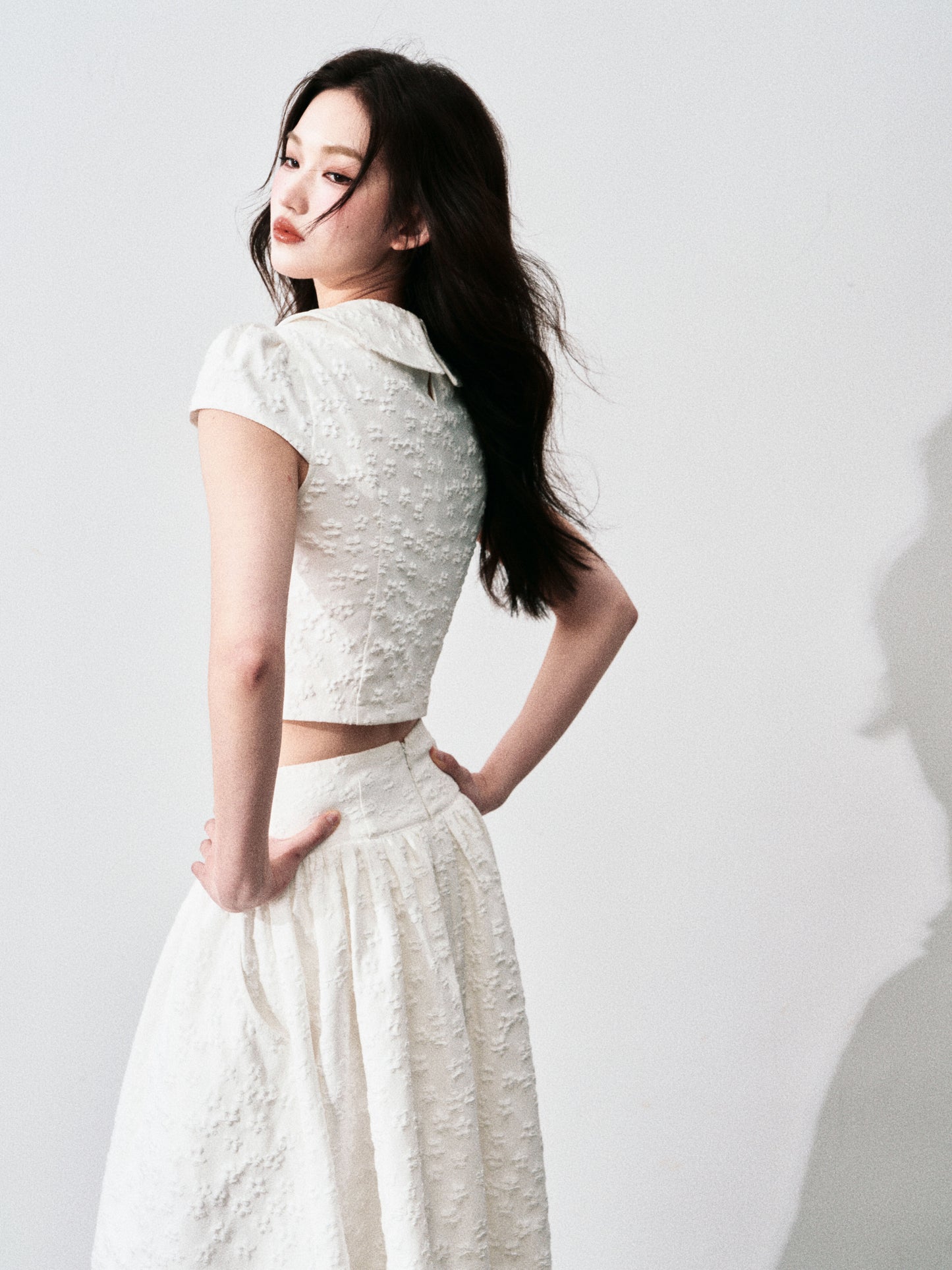 Floral Jacquard Cropped Blouse & Flared Skirt