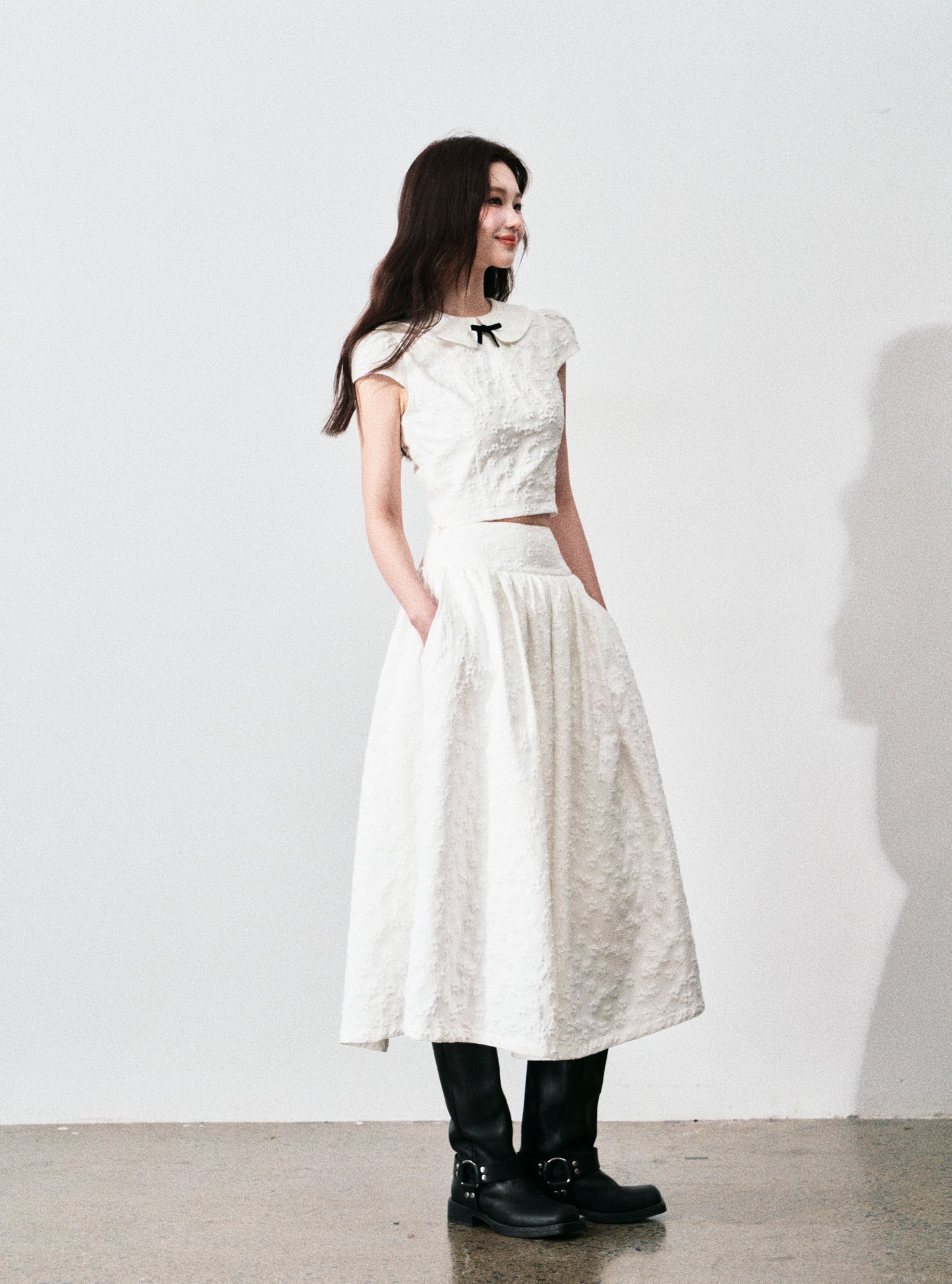 Floral Jacquard Cropped Blouse & Flared Skirt