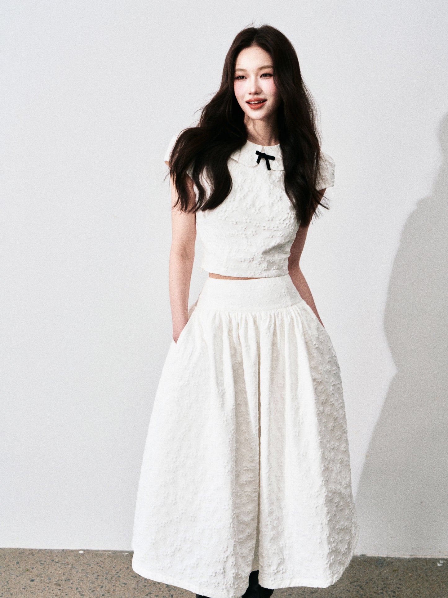 Floral Jacquard Cropped Blouse & Flared Skirt