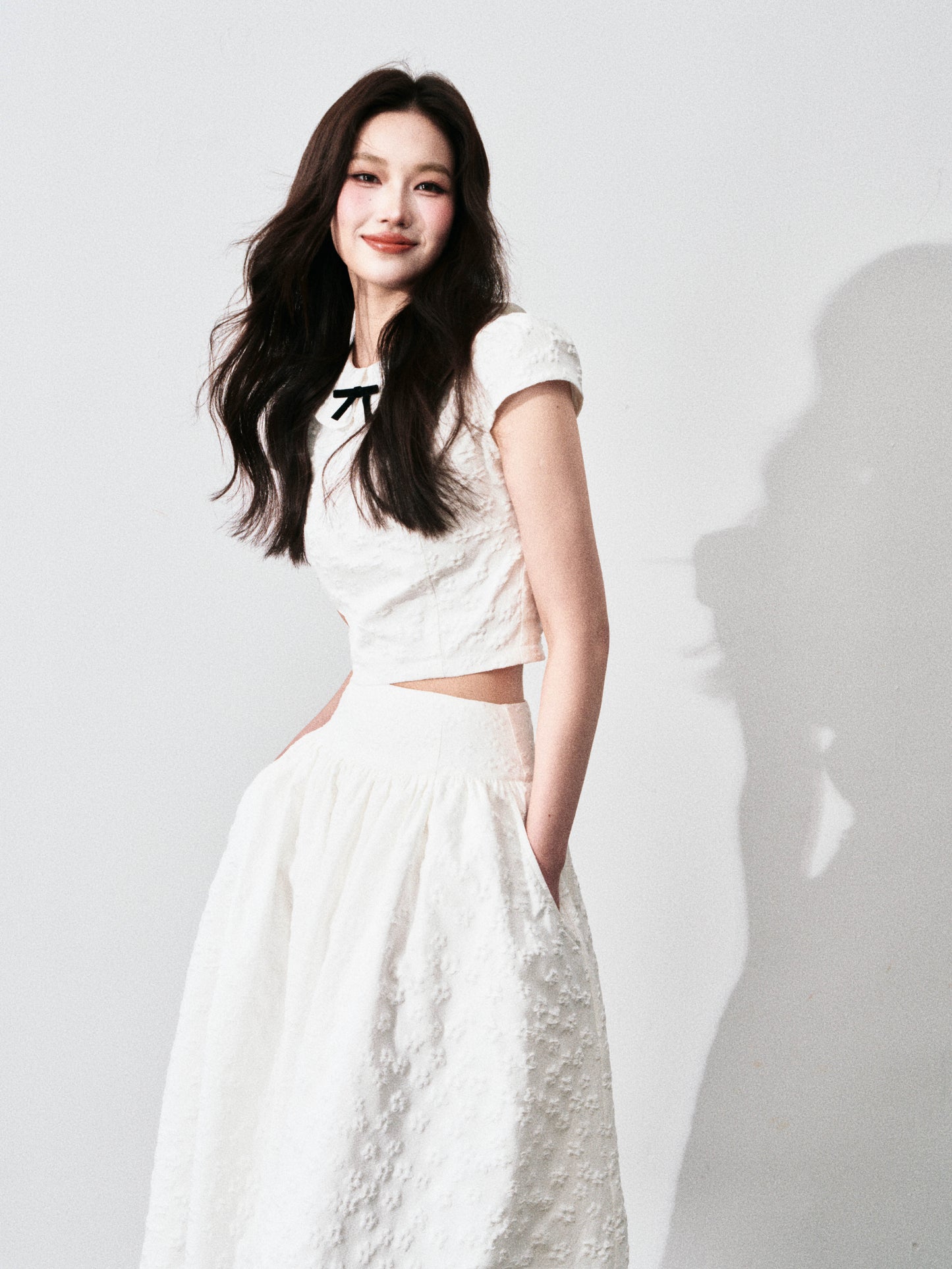 Floral Jacquard Cropped Blouse & Flared Skirt