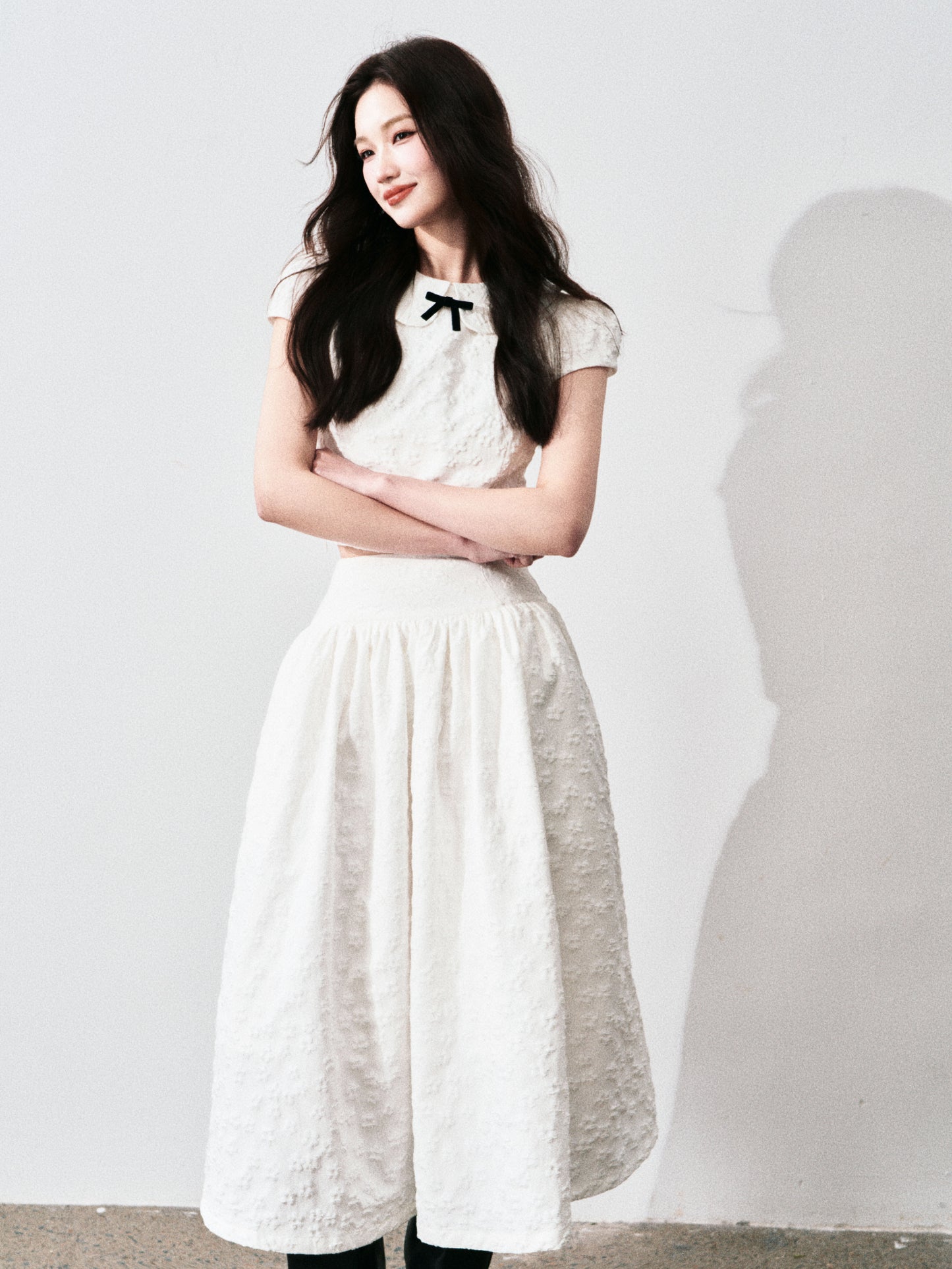 Floral Jacquard Cropped Blouse & Flared Skirt