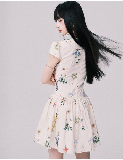 Doll Collar Floral Dress In Pure Cotton