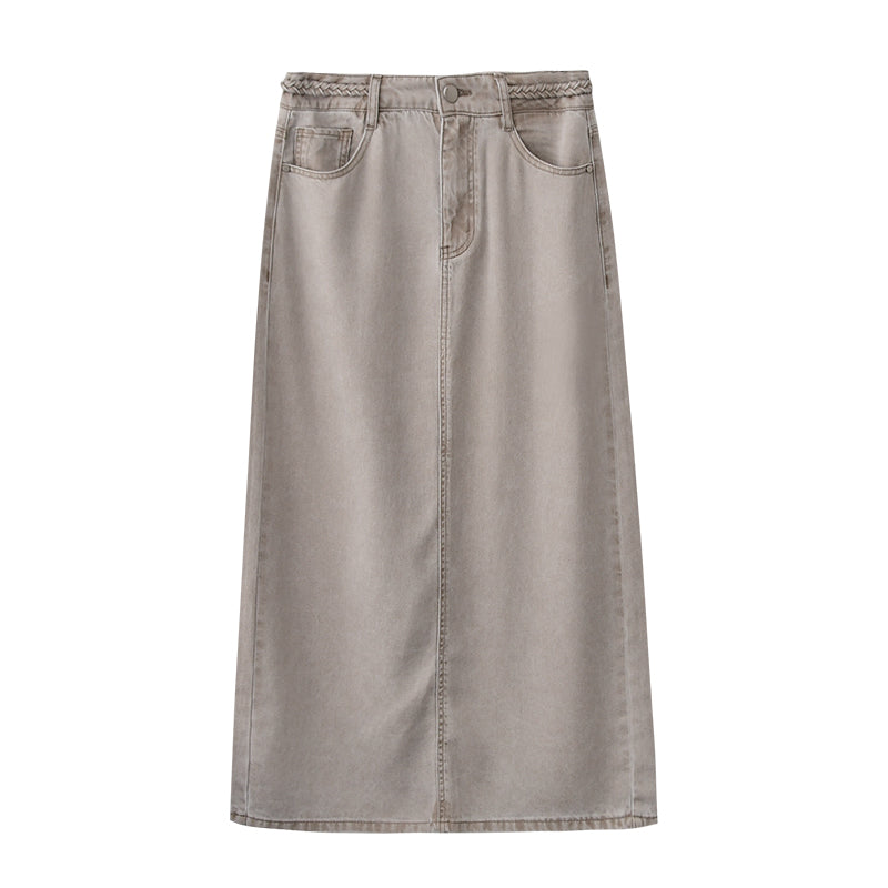 Braided-Waist Lyocell Denim Skirt With Back Slit