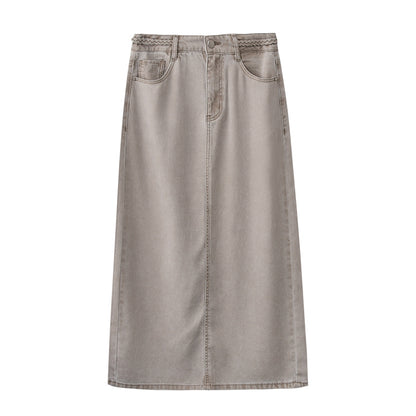 Braided-Waist Lyocell Denim Skirt With Back Slit