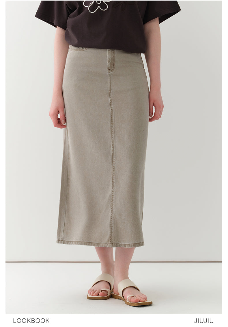 Braided-Waist Lyocell Denim Skirt With Back Slit
