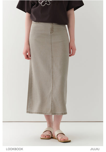 Braided-Waist Lyocell Denim Skirt With Back Slit