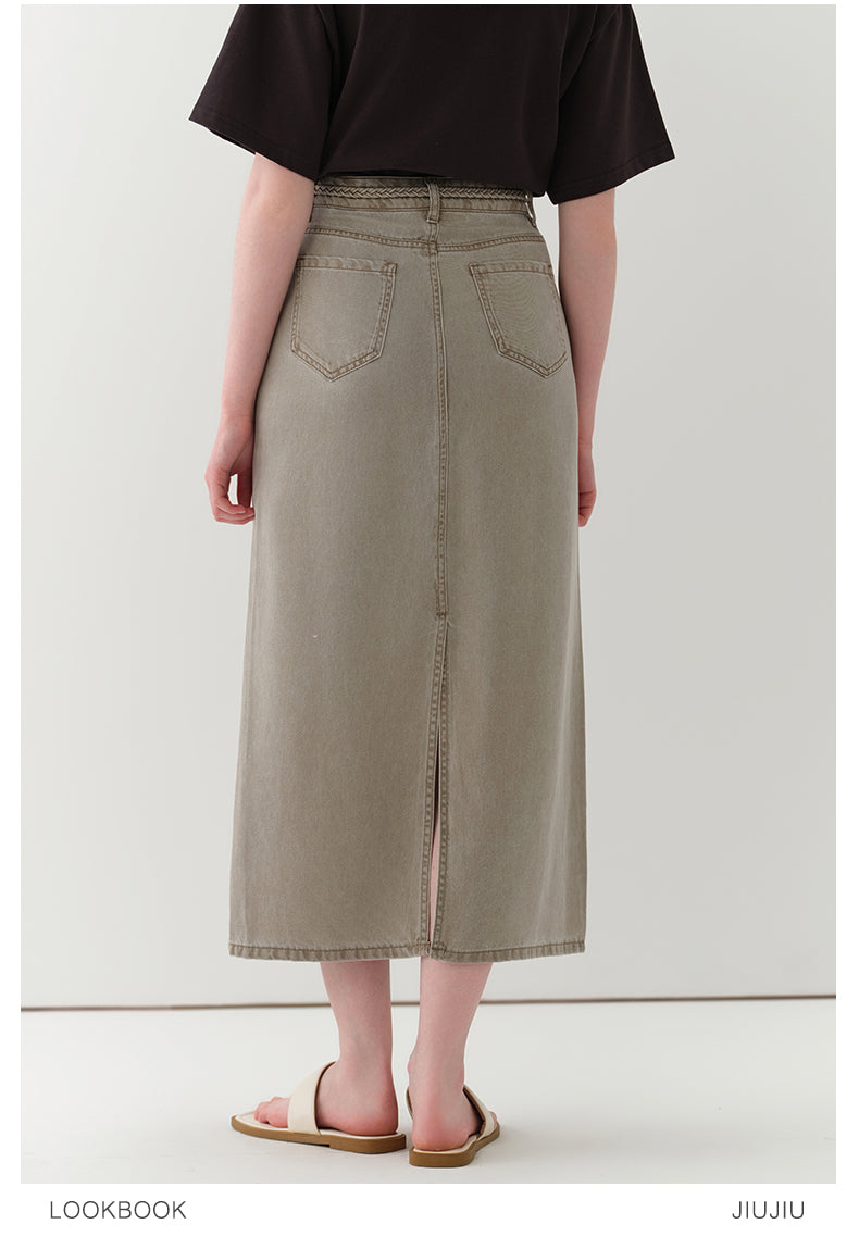 Braided-Waist Lyocell Denim Skirt With Back Slit