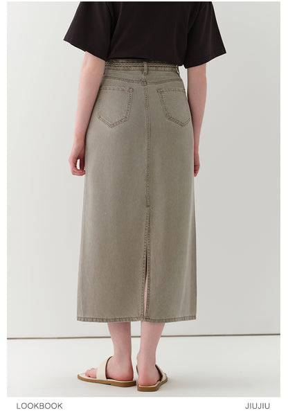 Braided-Waist Lyocell Denim Skirt With Back Slit