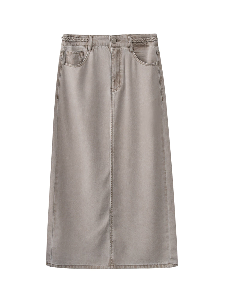 Braided-Waist Lyocell Denim Skirt With Back Slit