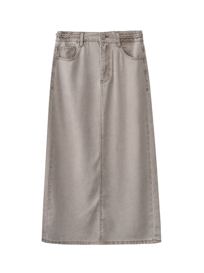 Braided-Waist Lyocell Denim Skirt With Back Slit