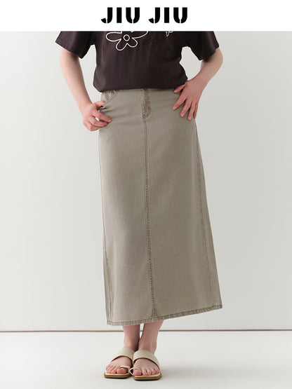 Braided-Waist Lyocell Denim Skirt With Back Slit