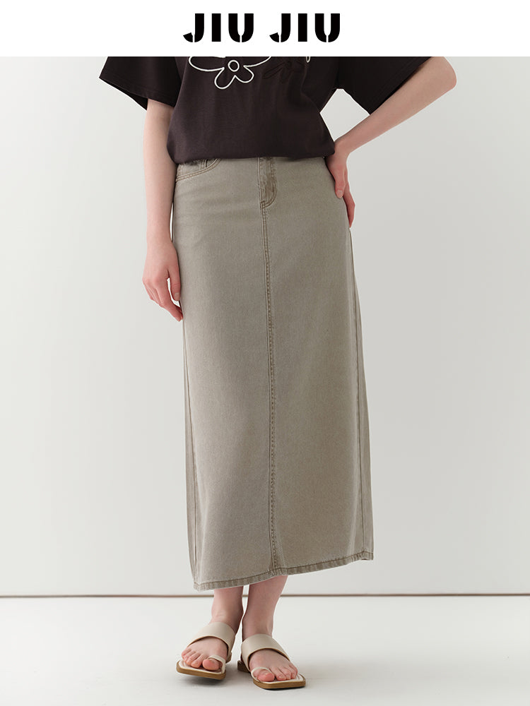 Braided-Waist Lyocell Denim Skirt With Back Slit