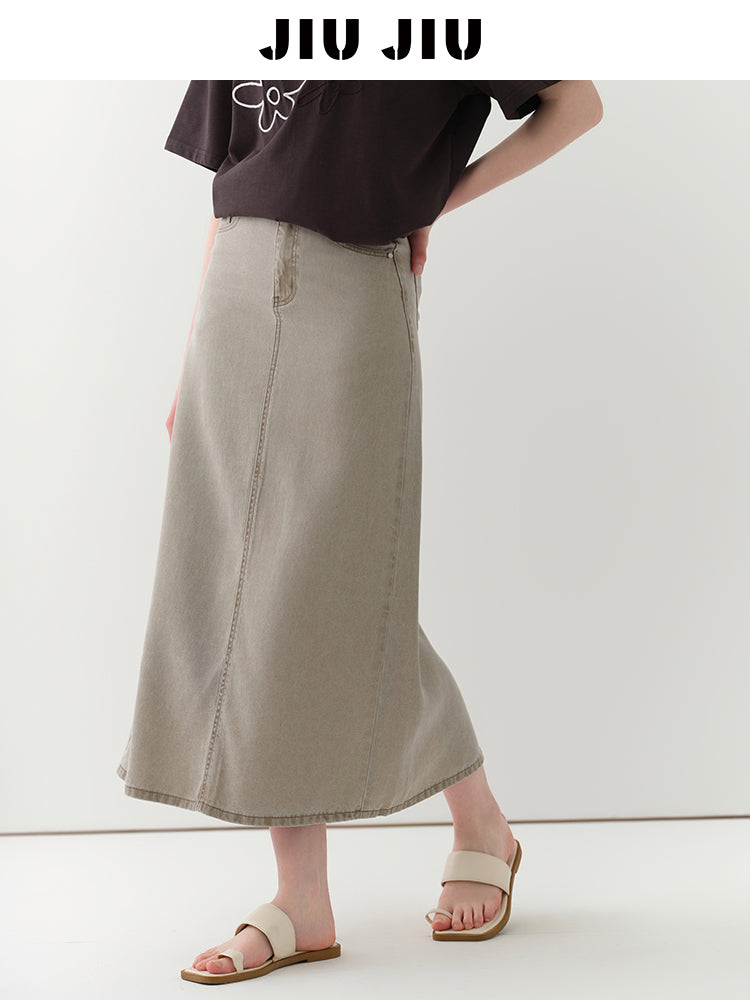 Braided-Waist Lyocell Denim Skirt With Back Slit