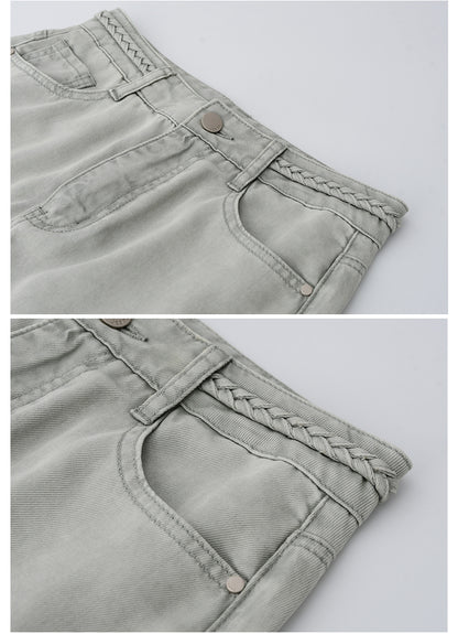 Braided-Waist Lyocell Denim Skirt With Back Slit