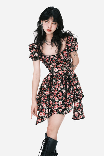 Puff Sleeve Asymmetrical Hem Corset Rose Dress