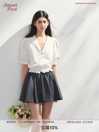 Embroidered V-Neck Blouse With Elbow-Length Sleeves