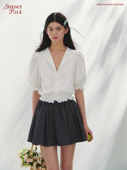 Embroidered V-Neck Blouse With Elbow-Length Sleeves