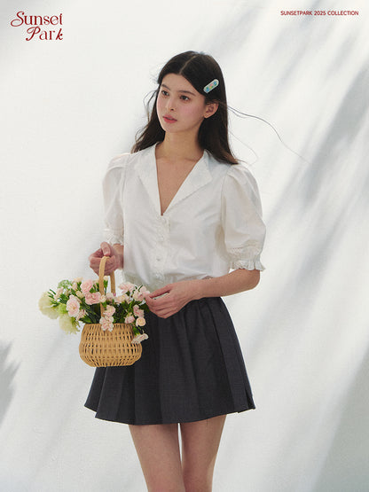 Embroidered V-Neck Blouse With Elbow-Length Sleeves
