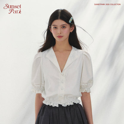 Embroidered V-Neck Blouse With Elbow-Length Sleeves