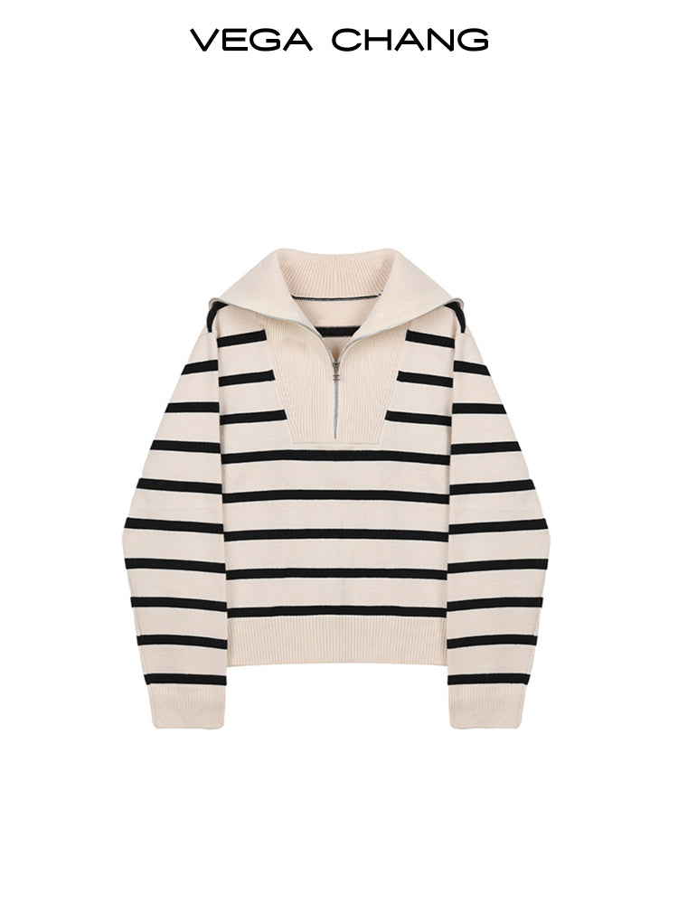 Striped Sailor Collar Half-Zip Sweater