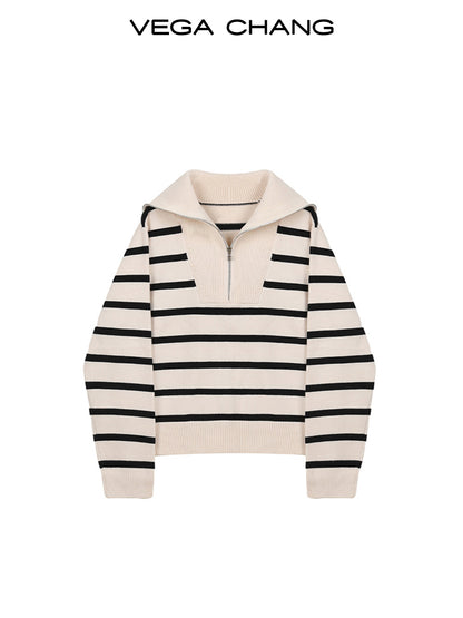 Striped Sailor Collar Half-Zip Sweater