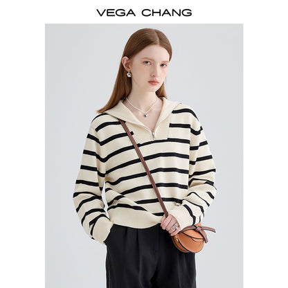 Striped Sailor Collar Half-Zip Sweater