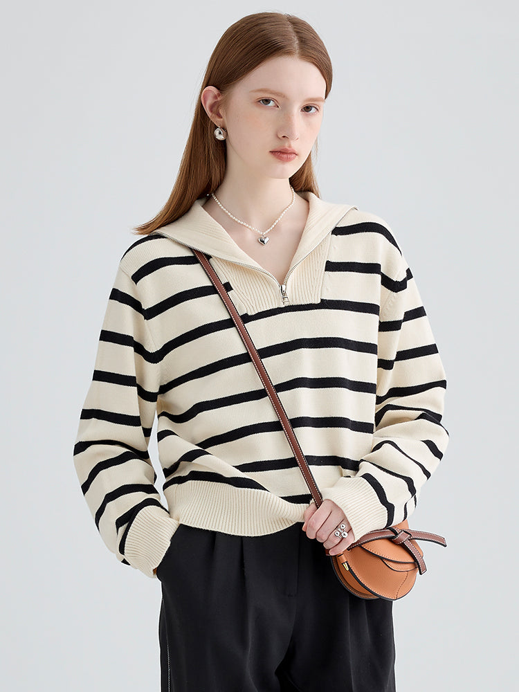 Striped Sailor Collar Half-Zip Sweater