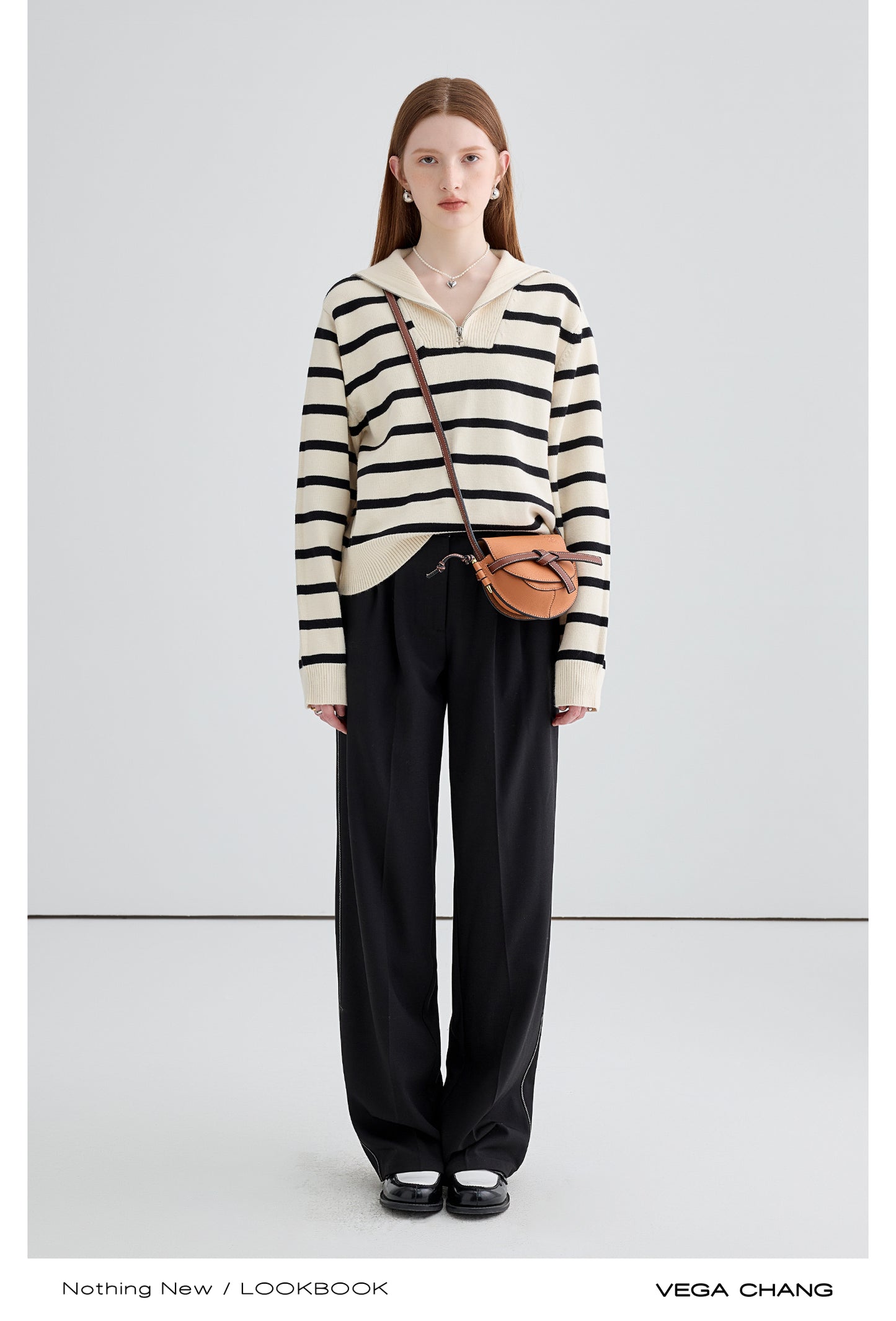 Striped Sailor Collar Half-Zip Sweater