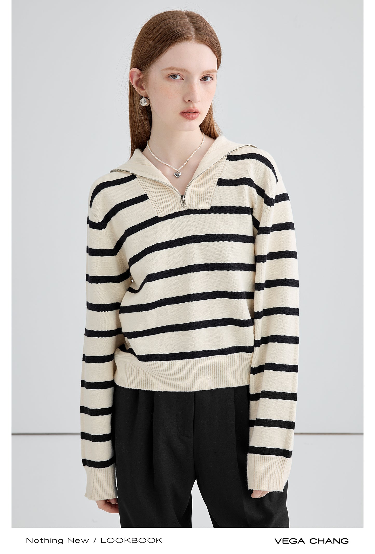 Striped Sailor Collar Half-Zip Sweater